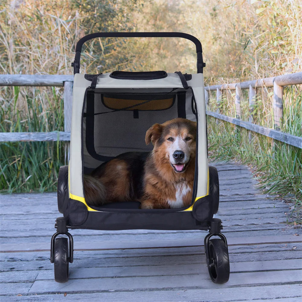 Spacious collapsible 4-wheeler dog stroller for large breeds, featuring breathable mesh and durable all-terrain wheels.
