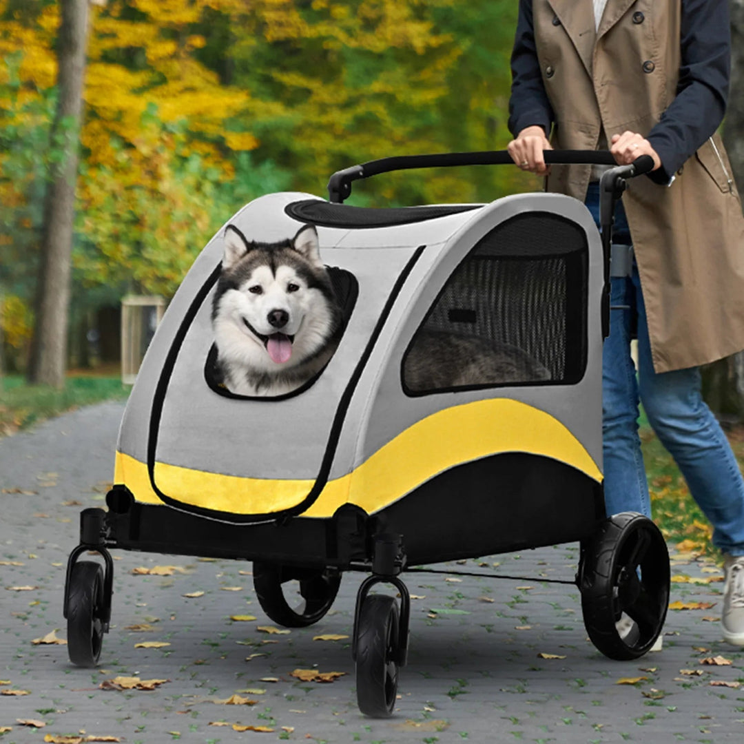 Spacious collapsible 4-wheeler dog stroller for large breeds, featuring breathable mesh and durable all-terrain wheels.