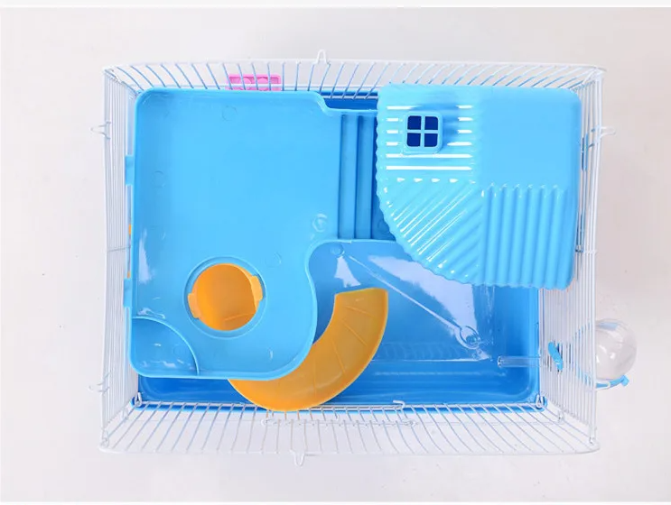 "Spacious hamster cage with shelves and drinking bottle, ideal for small rodents. Compact design with vibrant color options."