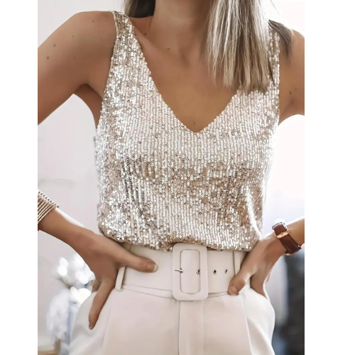 Sparkling sequin V-neck sleeveless blouse for women. Perfect glitter top for evening parties & fashion events.