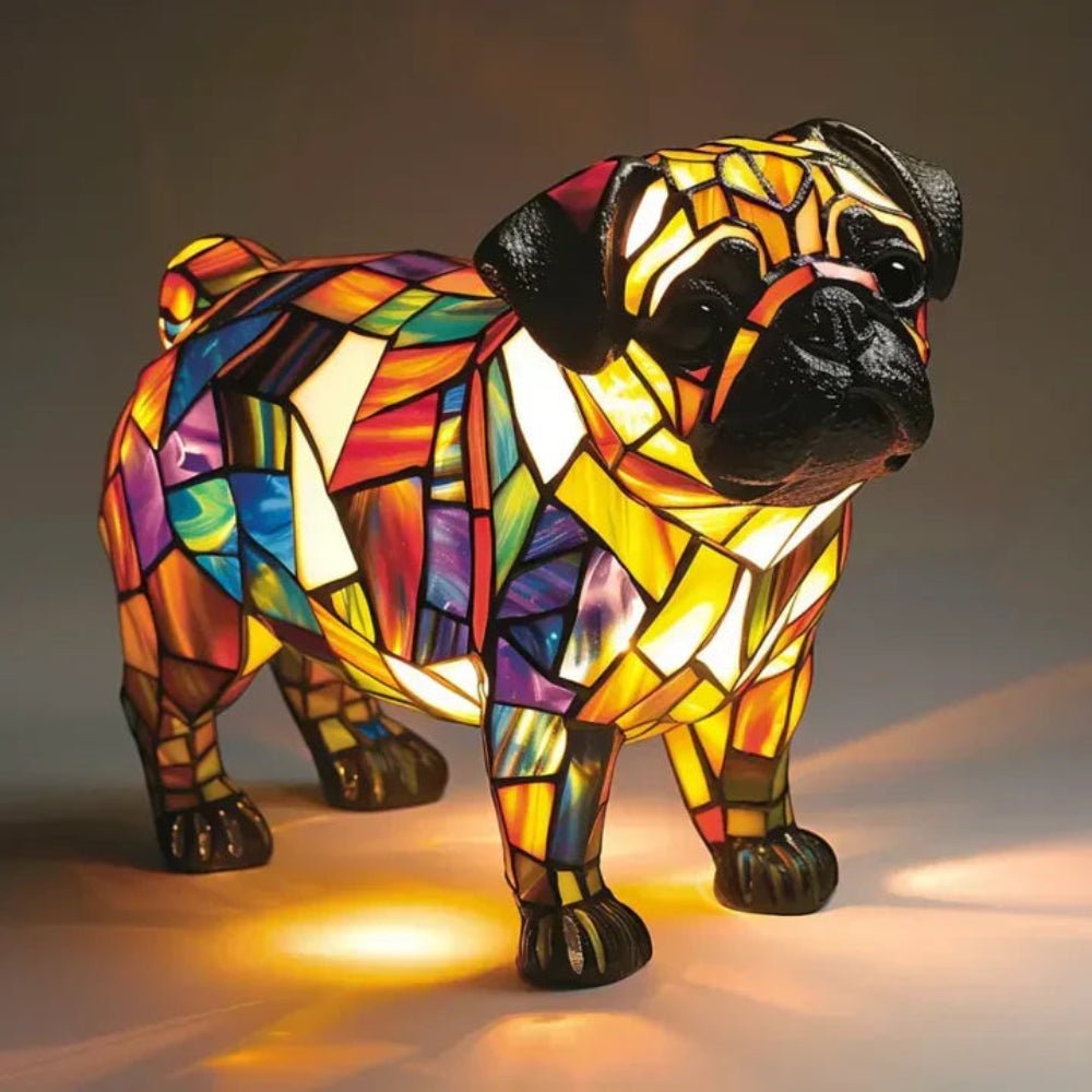 Charming stained glass dog table lamp, mosaic animal light. Adds unique home decor and warmth to any space.