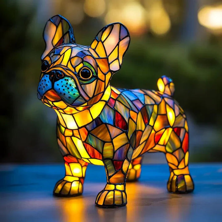 Mosaic dog table lamp, handcrafted stained glass pet decor. An elegant animal accent light for any room.
