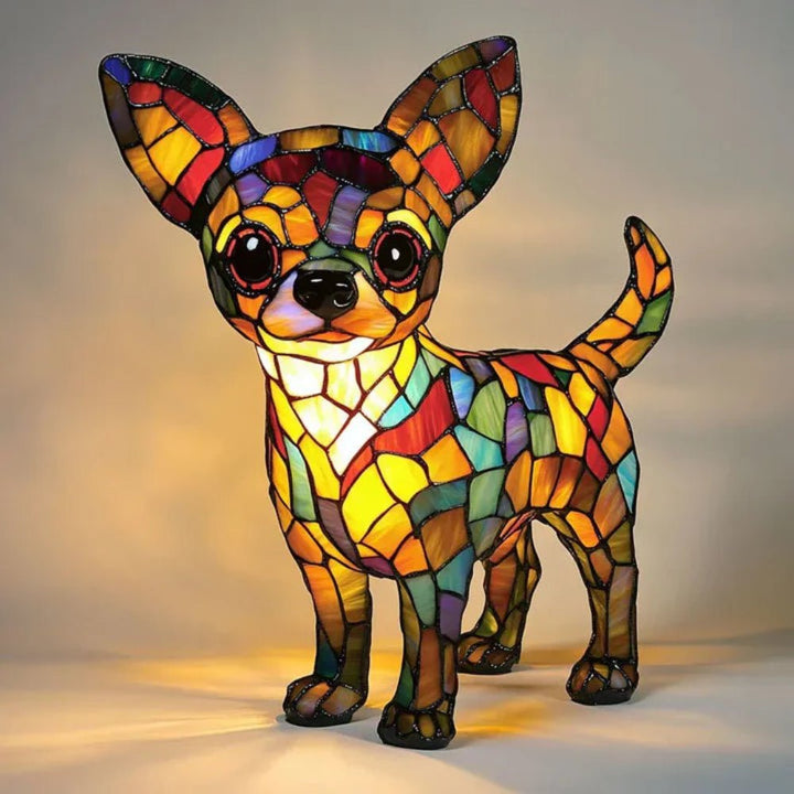 Home decor dog lamp: Elegant stained glass mosaic table lamp, ideal pet decor for dog lovers. Accent lighting.