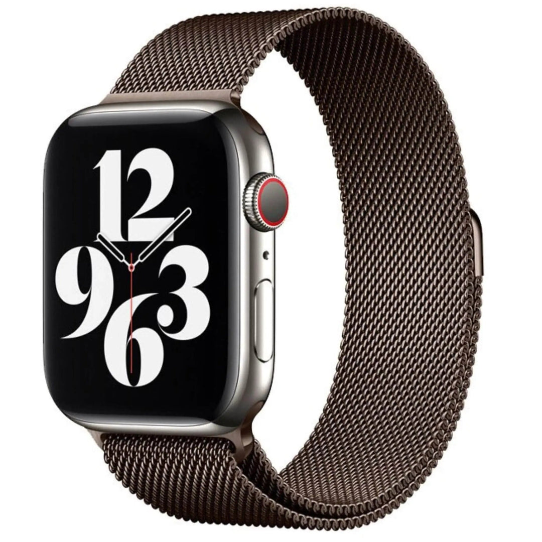 Stainless mesh band for Apple Watch; sleek, magnetic closure, Milan-inspired design, adjustable for men and women.