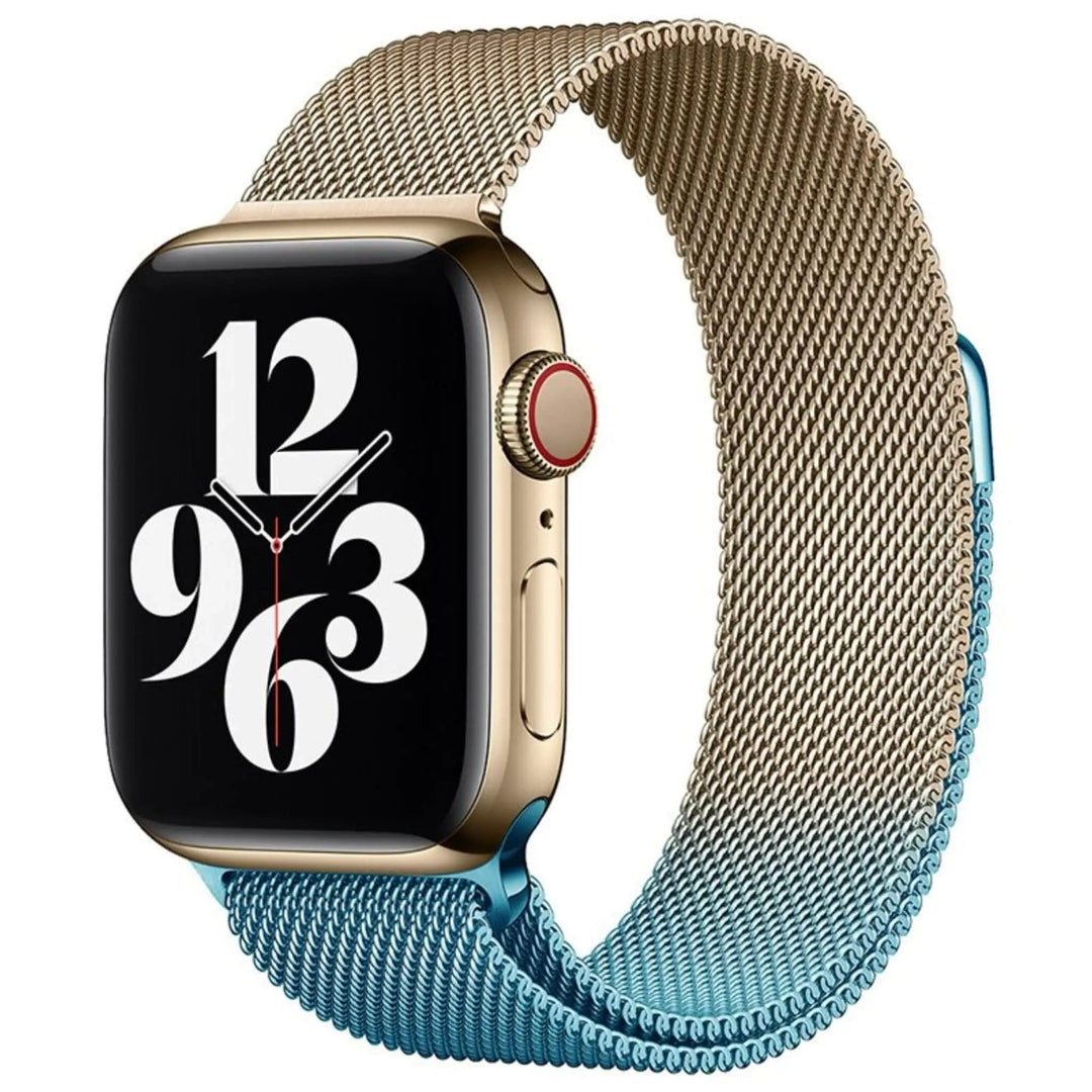 Stainless mesh band for Apple Watch; sleek, magnetic closure, Milan-inspired design, adjustable for men and women.