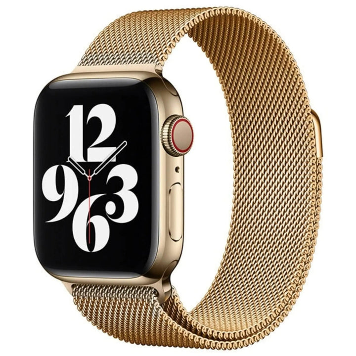 Stainless mesh band for Apple Watch; sleek, magnetic closure, Milan-inspired design, adjustable for men and women.