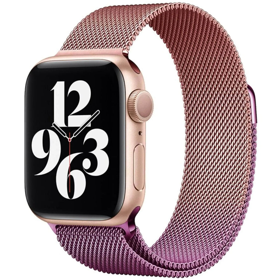 Stainless mesh band for Apple Watch; sleek, magnetic closure, Milan-inspired design, adjustable for men and women.