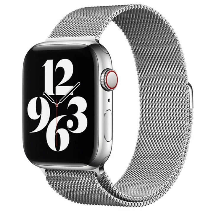 Stainless mesh band for Apple Watch; sleek, magnetic closure, Milan-inspired design, adjustable for men and women.