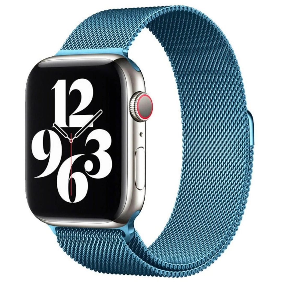 Stainless mesh band for Apple Watch; sleek, magnetic closure, Milan-inspired design, adjustable for men and women.