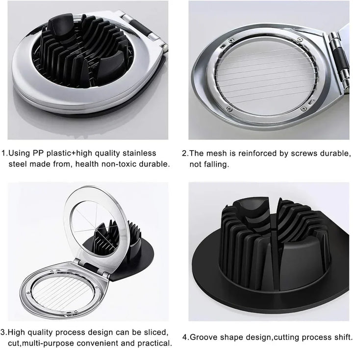 Stainless Steel 3-in-1 Egg Slicer with durable wires, ergonomic design; slices eggs, mushrooms, fruits easily for top present