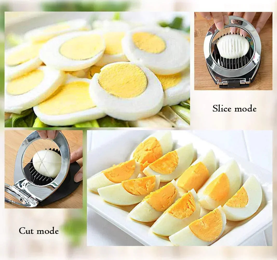 Stainless Steel 3-in-1 Egg Slicer with durable wires, ergonomic design; slices eggs, mushrooms, fruits easily for top present