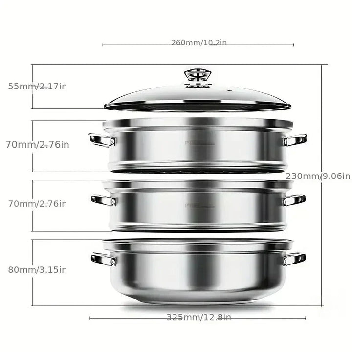 "Stainless steel 3-tier steamer with glass lid and handles, ideal for healthy cooking, steaming vegetables, fish, and dumplin