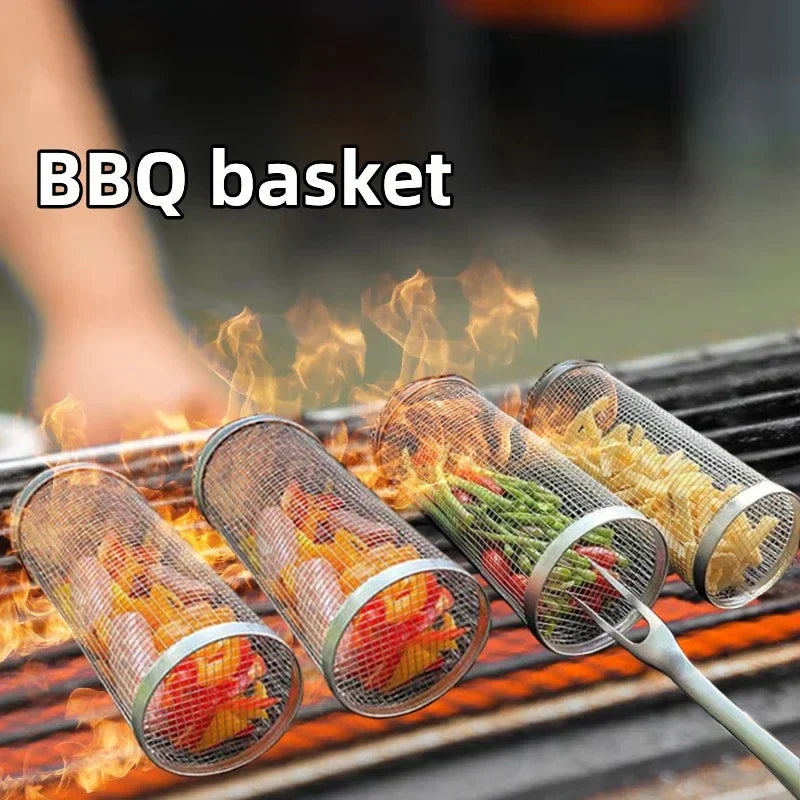 "Stainless steel BBQ rolling basket with mesh design for even grilling, shown with food; essential for outdoor cooking."