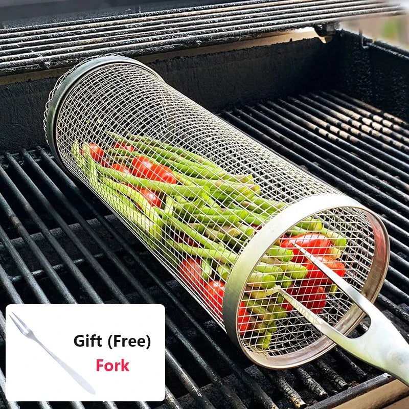 "Stainless steel BBQ rolling basket with mesh design for even grilling, shown with food; essential for outdoor cooking."
