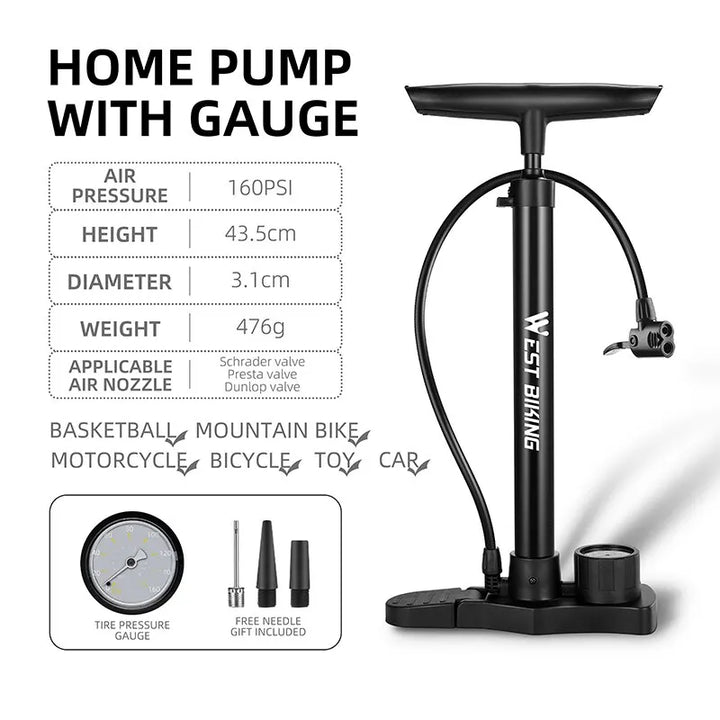 "Stainless steel bicycle pump with built-in pressure gauge and handle, suitable for Schrader and Presta valves."