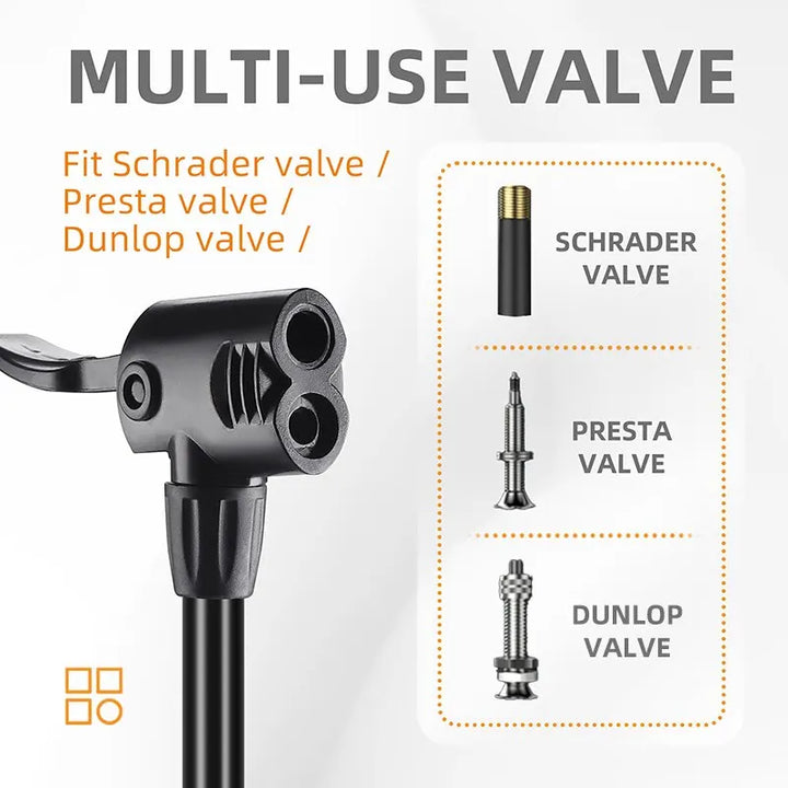"Stainless steel bicycle pump with built-in pressure gauge and handle, suitable for Schrader and Presta valves."