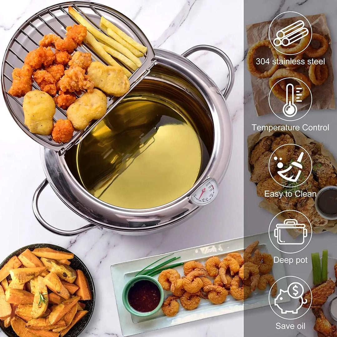 "Stainless steel deep fryer pot with thermometer, silver, heat-resistant handles, and oil drainer rack for safe frying."
