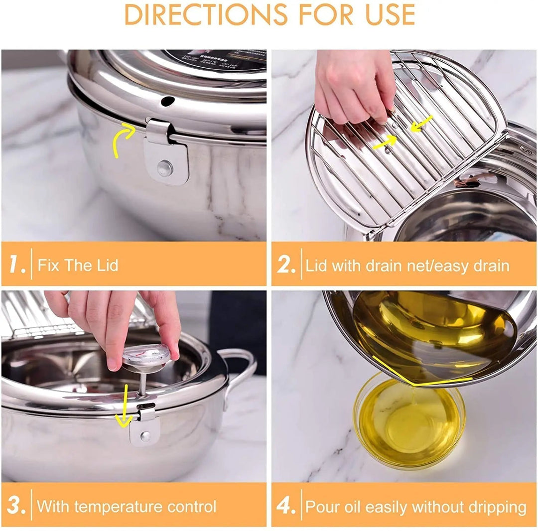 "Stainless steel deep fryer pot with thermometer, silver, heat-resistant handles, and oil drainer rack for safe frying."