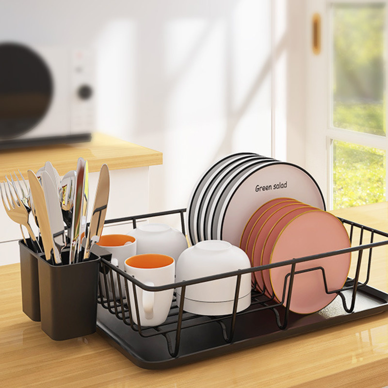 "Stainless steel dish rack with drip tray, sleek design, ample space for plates and cups, modern kitchen essential."