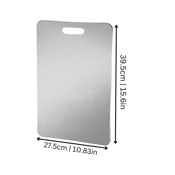 Stainless steel kitchen cutting board with sleek anti-microbial surface, perfect for durable and hygienic cooking prep.