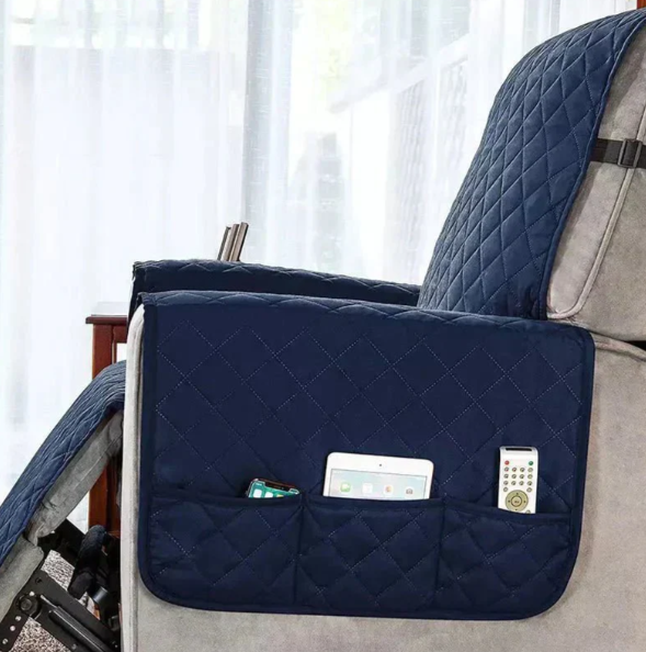 "Stretchable quilted recliner cover in grey, showcasing universal fit and plush, textured comfort for home seating protection