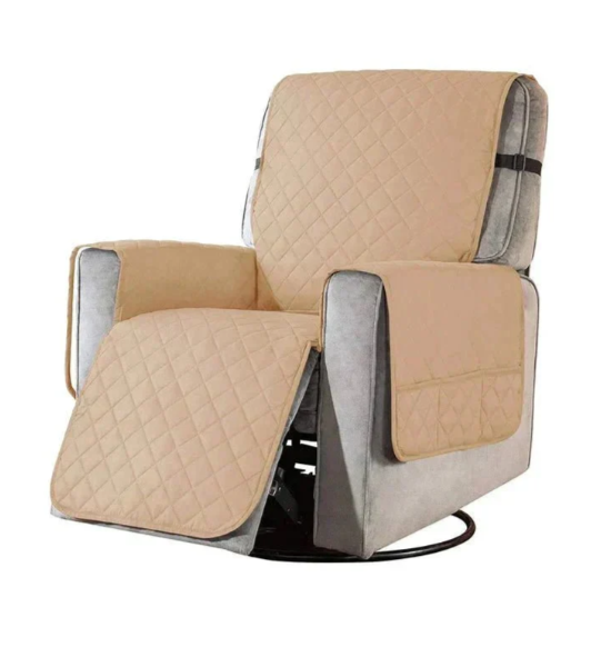 "Stretchable quilted recliner cover in grey, showcasing universal fit and plush, textured comfort for home seating protection