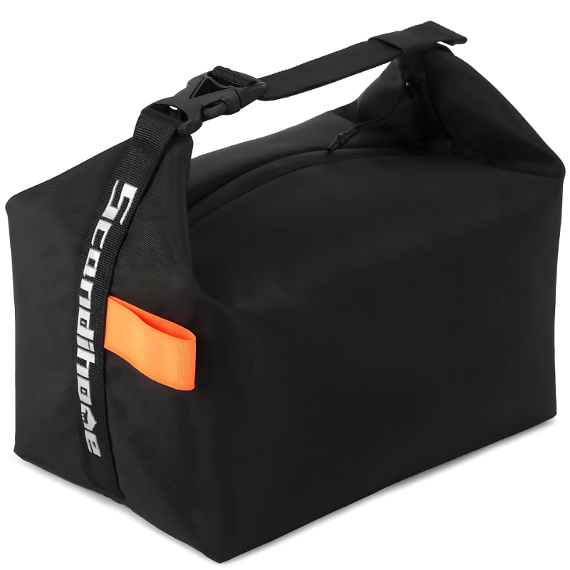 "Stylish insulated lunch bag for men and women, foldable with a sleek design, available in black, gray, green, orange."