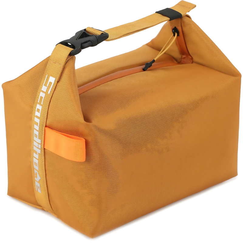 "Stylish insulated lunch bag for men and women, foldable with a sleek design, available in black, gray, green, orange."
