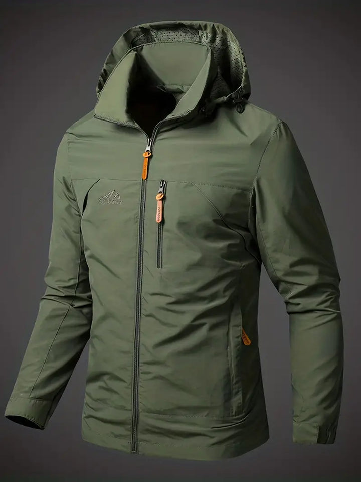"Stylish men's green waterproof jacket with modern design, lightweight, breathable, and perfect for all-weather conditions."