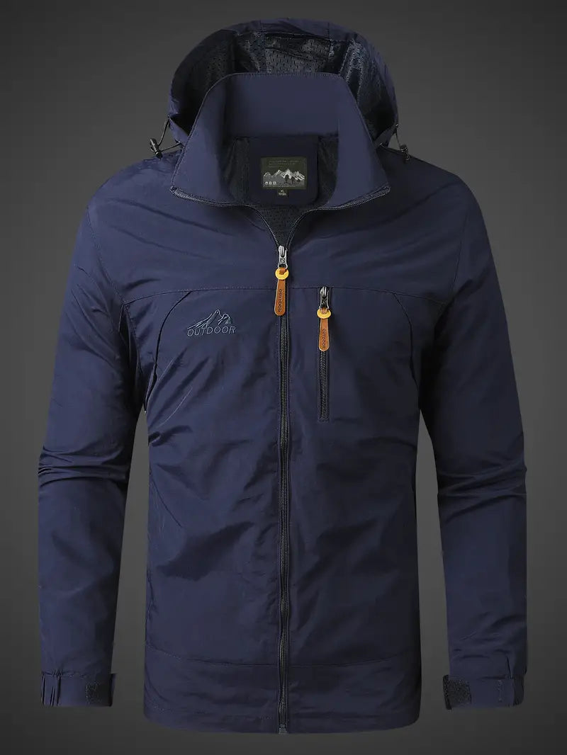 "Stylish men's green waterproof jacket with modern design, lightweight, breathable, and perfect for all-weather conditions."