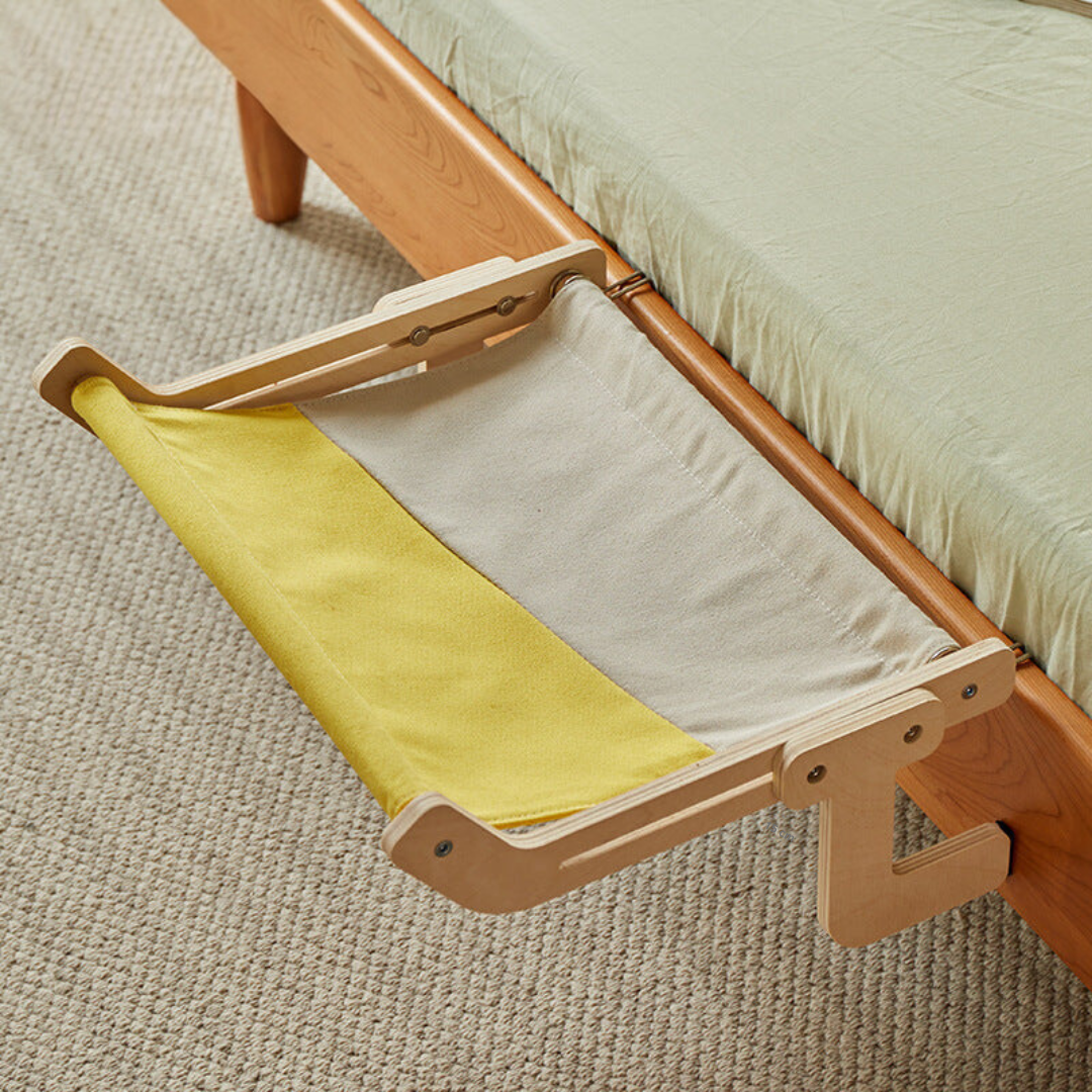"Stylish space-saving cat hammock in soft fabrics, fits under furniture, available in chic colors, perfect for pet comfort."