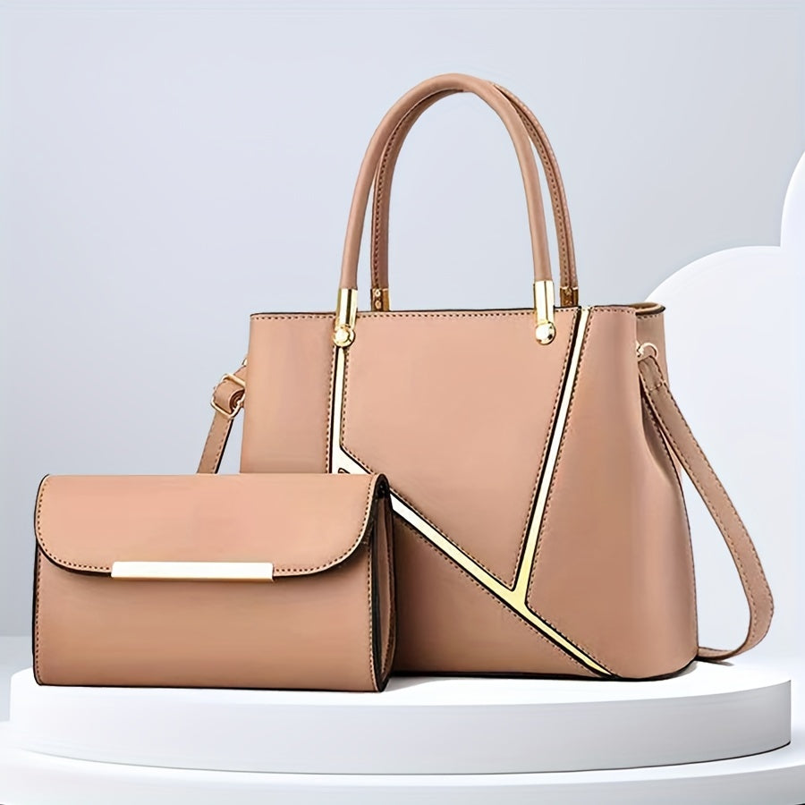 Stylish women's black 2-piece handbag set featuring a spacious tote and a compact crossbody bag.