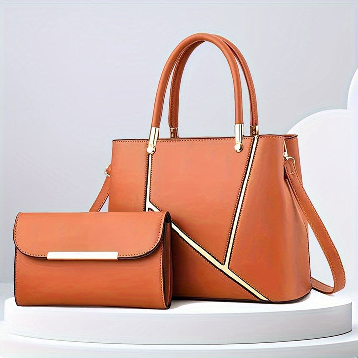 Modern khaki women's purse set, offering a stylish tote and a convenient crossbody for versatility.