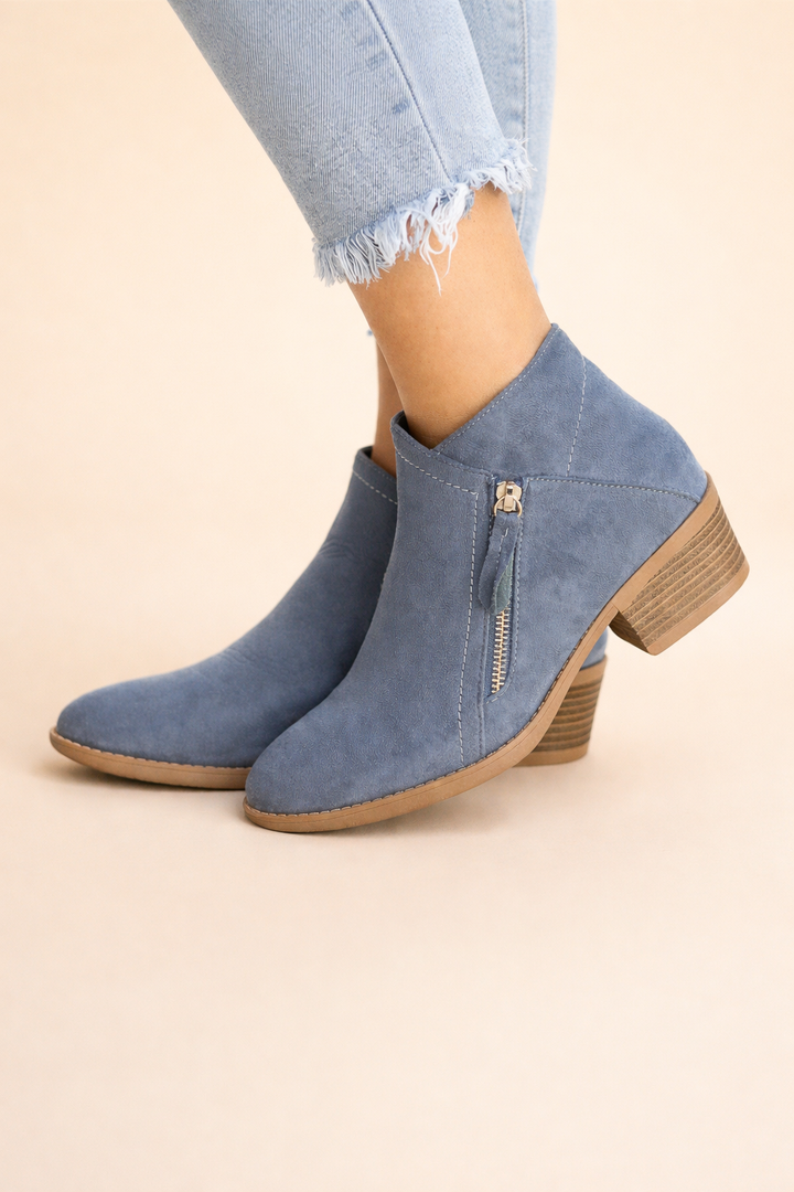 Comfortable blue women's ankle boots with zipper detail. Perfect stylish winter boots.