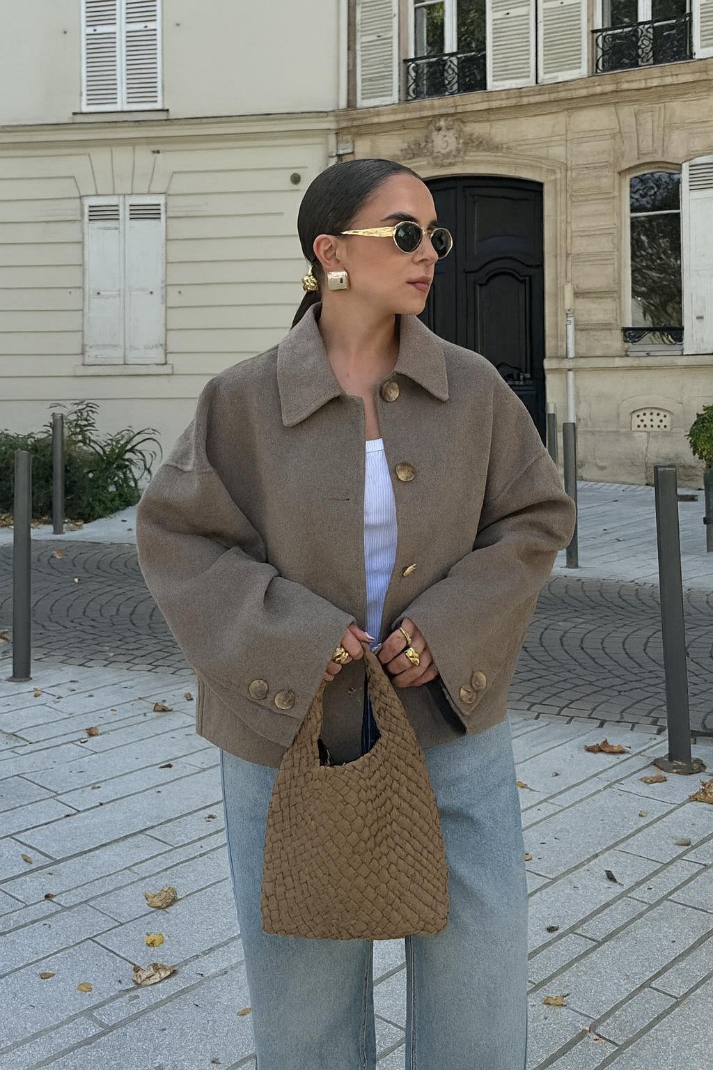 Taupe cropped boxy jacket for women, a stylish oversized coat perfect for winter. Fashionable outerwear.