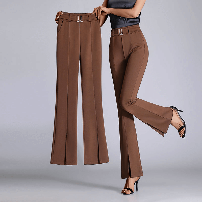 Stylish women's high-waisted wide-leg trousers in a comfortable rayon blend for fashion & comfort.