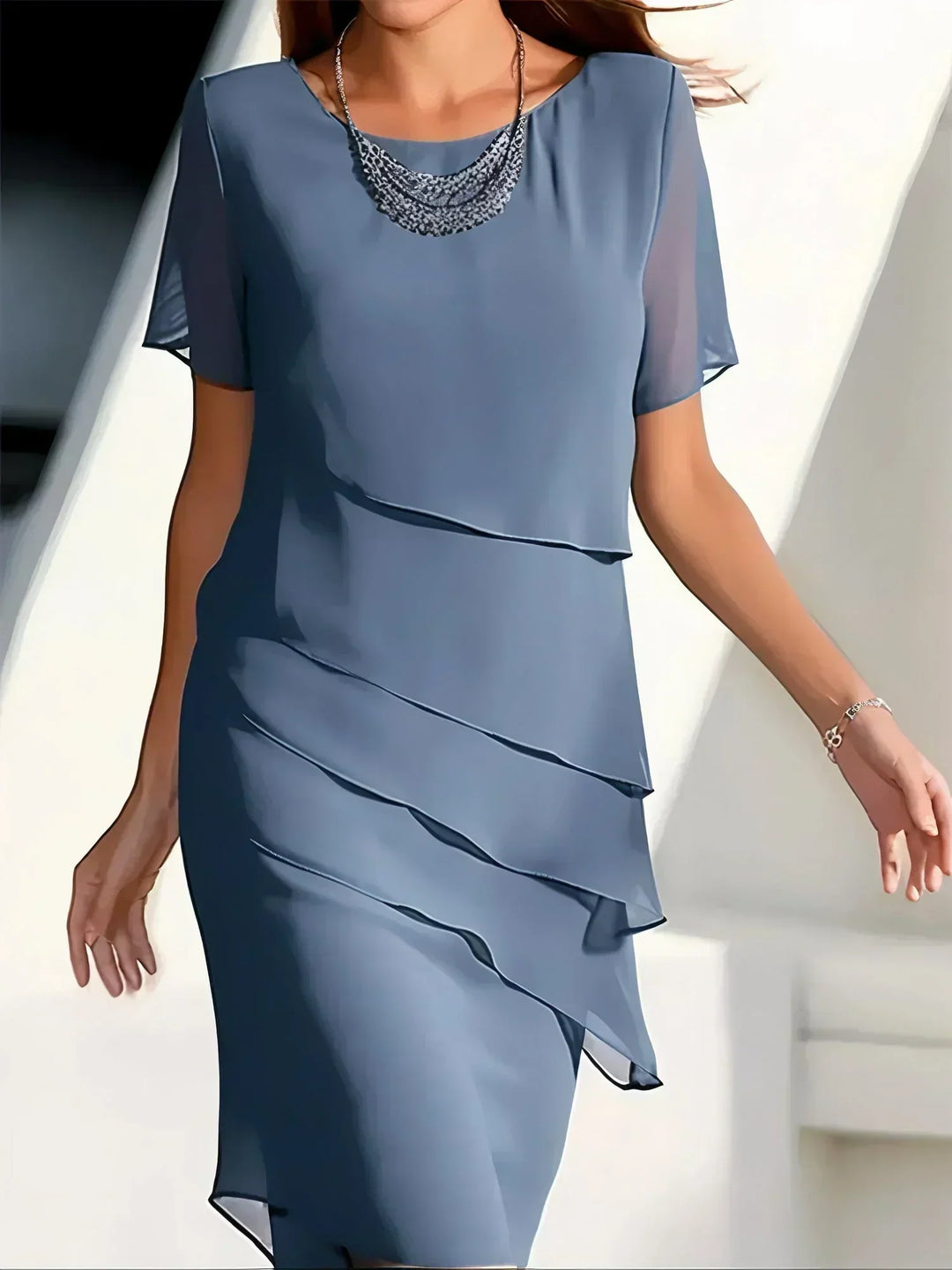 Elegant blue women's tummy control dress, comfortable & flattering for all body types, perfect for events.