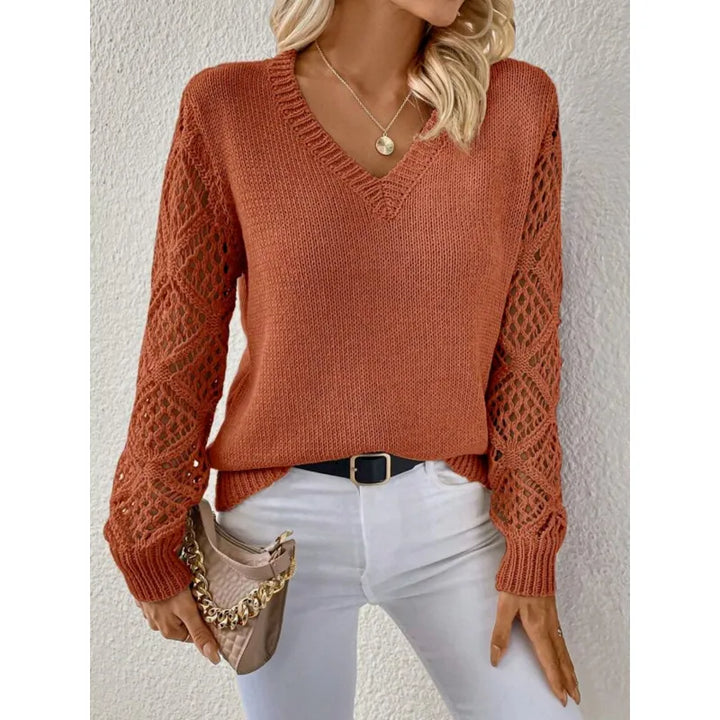 Comfortable women's V-neck knit pullover with open sleeves. Ideal for stylish fall & winter casual wear.