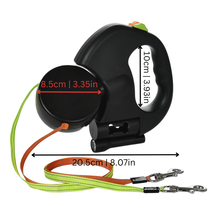 "Tangle-free dual dog leash with ergonomic grip and LED light, shown in black and red, ideal for safe night walks."