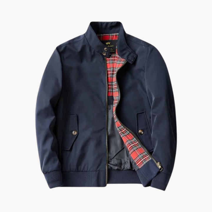 "Tartan-lined Harrington jacket with ribbed cuffs and hem, featuring classic side view. Men's Camden Heritage style."