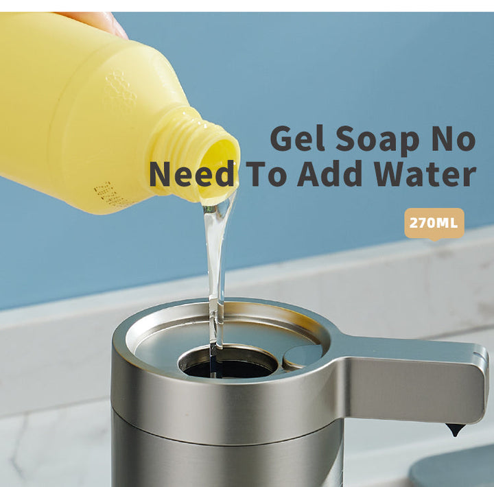 Touchless stainless steel soap dispenser with sleek design and motion sensor, suitable for kitchen and bathroom use.