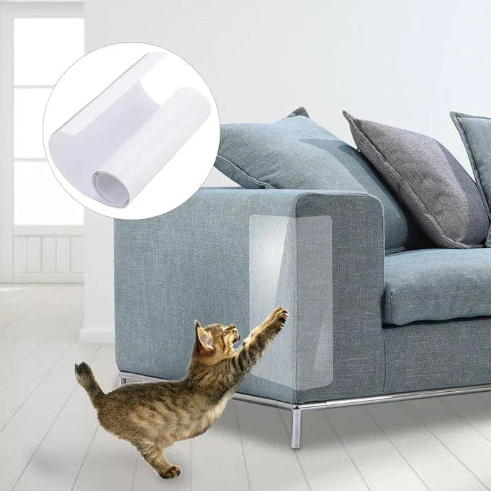 "Transparent self-adhesive cat scratch protector on sofa, invisible design, easy peel-and-stick installation, durable pet sup