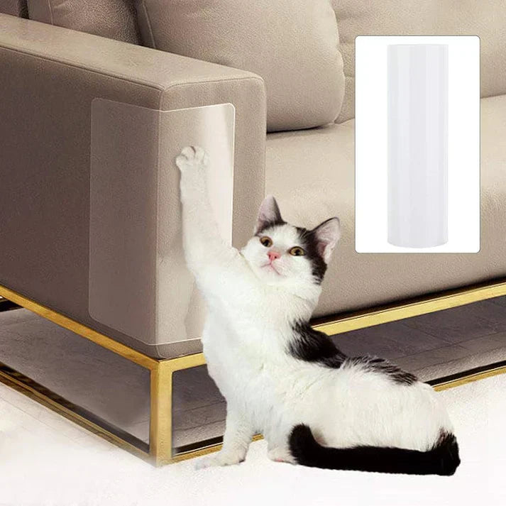 "Transparent self-adhesive cat scratch protector on sofa, invisible design, easy peel-and-stick installation, durable pet sup