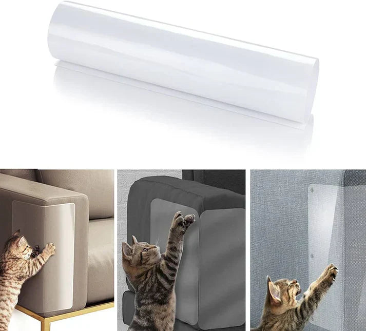 "Transparent self-adhesive cat scratch protector on sofa, invisible design, easy peel-and-stick installation, durable pet sup
