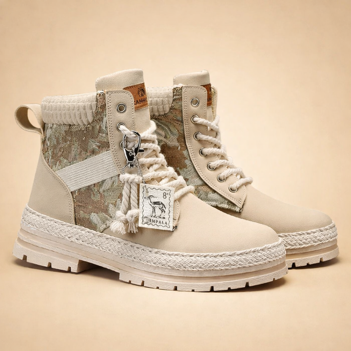 Khaki men's lace-up ankle boots, high-top for outdoor adventures. Durable & stylish beige fashion boots.