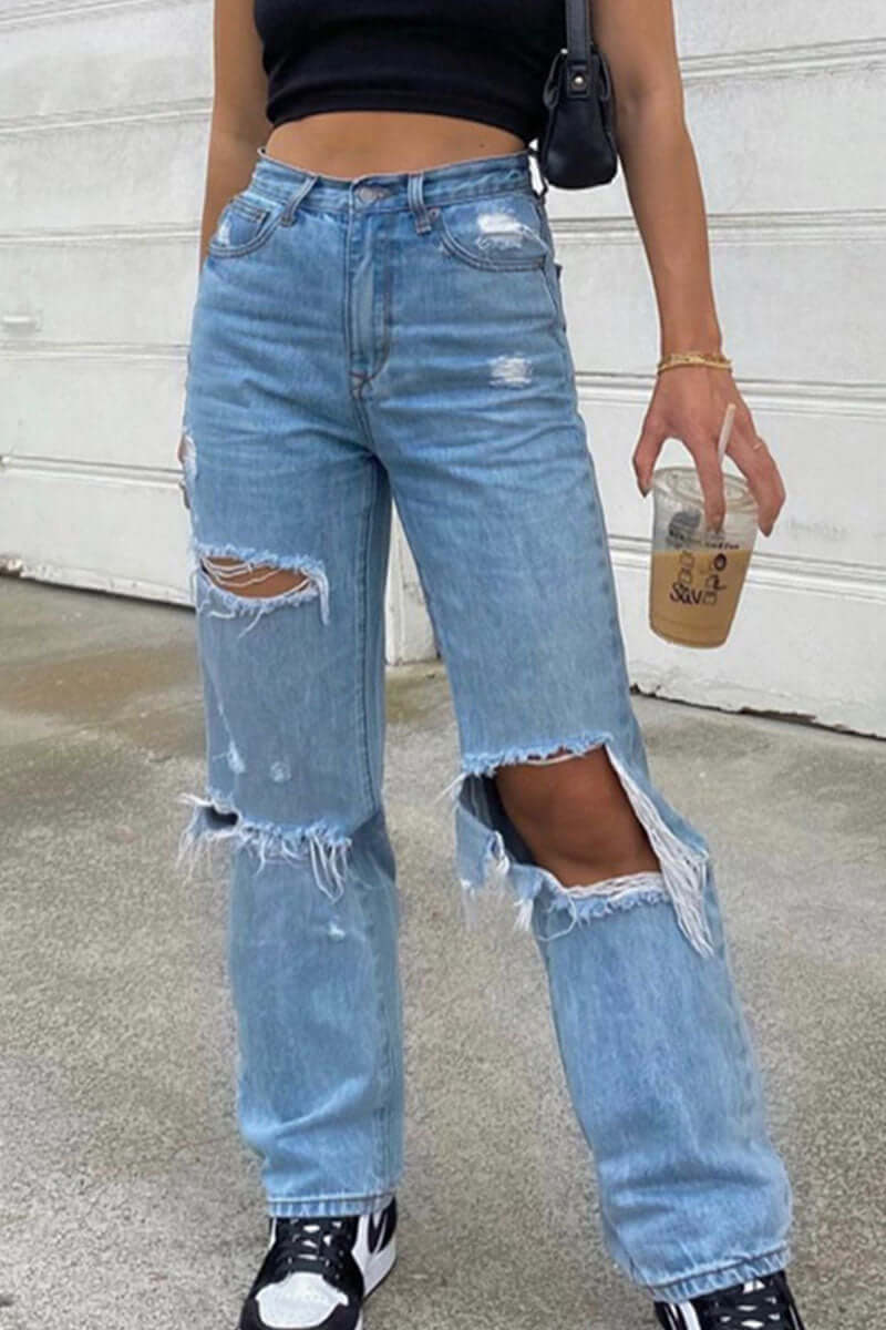 Trendy women's high waist ripped blue jeans for casual wear, perfect for spring/summer fashion.
