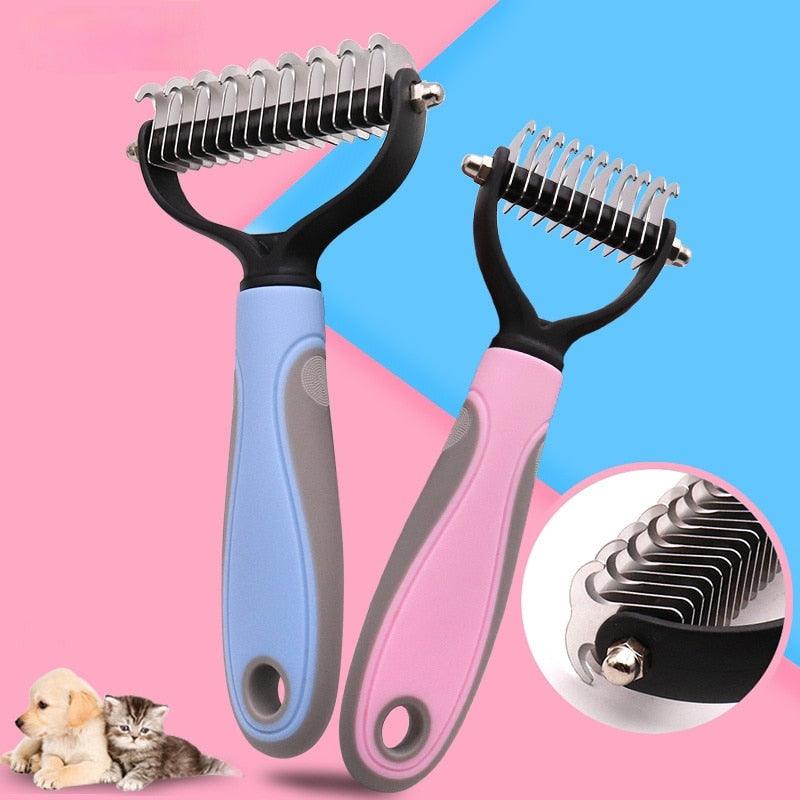 "Two-sided pet comb for cats and dogs with ergonomic handle, stainless steel teeth, detangles and thins undercoat, durable."