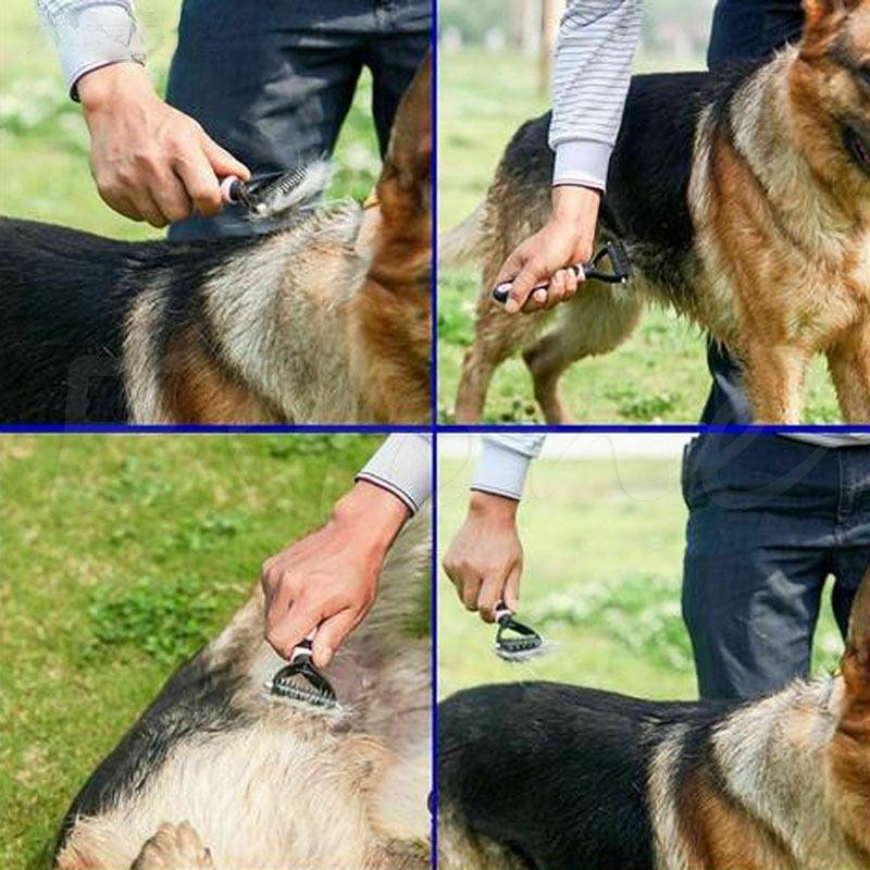 "Two-sided pet comb for cats and dogs with ergonomic handle, stainless steel teeth, detangles and thins undercoat, durable."