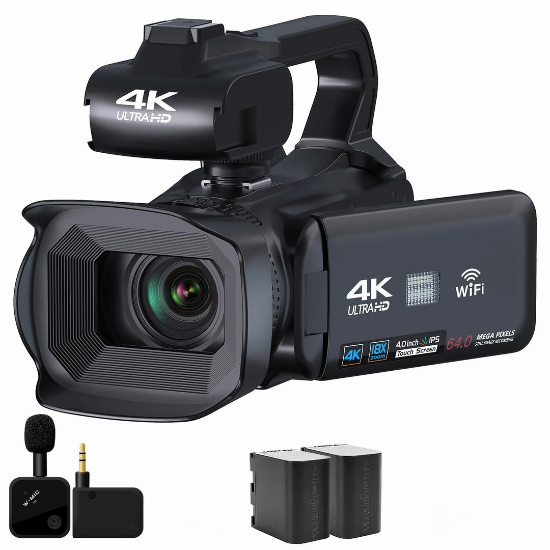 "UHD 4K camcorder for vlogging with 18X zoom, rotating touchscreen, capturing detailed videos, perfect for content creators."