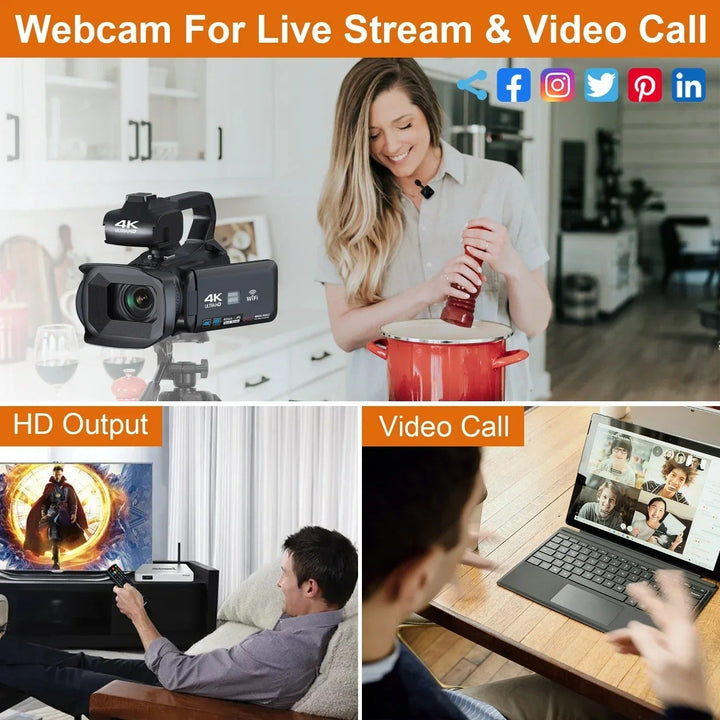 "UHD 4K camcorder for vlogging with 18X zoom, rotating touchscreen, capturing detailed videos, perfect for content creators."